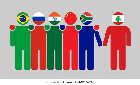 Ilustración de la Asociación de las Naciones BRICS y el Líbano. Diseño plano simple de figuras humanas con cabezas de bandera. Permaneciendo juntos invitando al Líbano. Simbolizando la colaboración internacional.