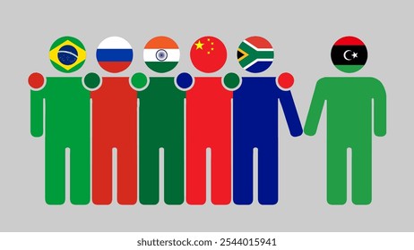 Ilustración de la Asociación de las Naciones BRICS y Libia. Diseño plano simple de figuras humanas con cabezas de bandera. Estando juntos invitando a Libia. Simbolizando la colaboración internacional.