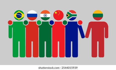 BRICS Nations and Lithuania Partnership Illustration. Simple flat design of human figures with flag heads. Standing together inviting Lithuania. Symbolizing international collaboration.