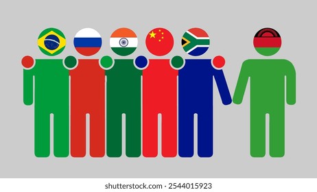 BRICS Nations and Malawi Partnership Illustration. Simple flat design of human figures with flag heads. Standing together inviting Malawi. Symbolizing international collaboration.