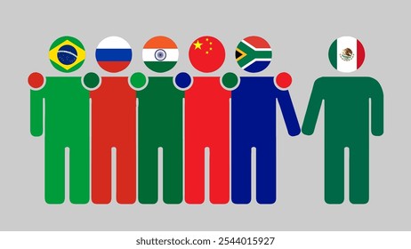 BRICS Nations and Mexico Partnership Illustration. Simple flat design of human figures with flag heads. Standing together inviting Mexico. Symbolizing international collaboration.