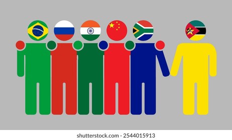 BRICS Nations and Mozambique Partnership Illustration. Simple flat design of human figures with flag heads. Standing together inviting Mozambique. Symbolizing international collaboration.