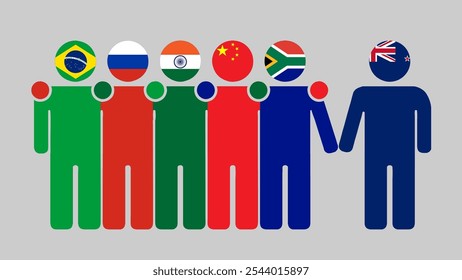 BRICS Nations and New Zealand Partnership Illustration. Simple flat design of human figures with flag heads. Standing together inviting New Zealand. Symbolizing international collaboration.