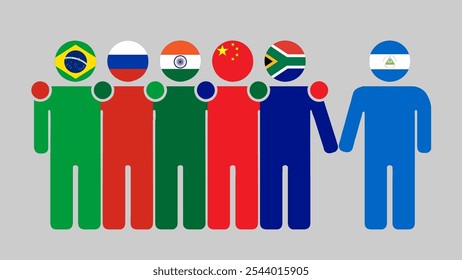 BRICS Nations and Nicaragua Partnership Illustration. Simple flat design of human figures with flag heads. Standing together inviting Nicaragua. Symbolizing international collaboration.