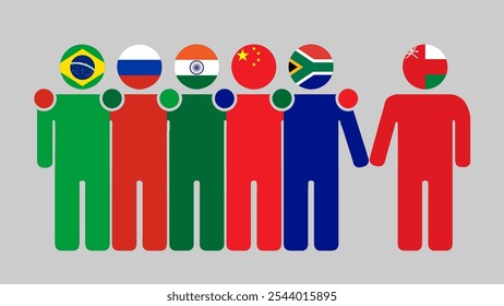 BRICS Nations and Oman Partnership Illustration. Simple flat design of human figures with flag heads. Standing together inviting Oman. Symbolizing international collaboration.