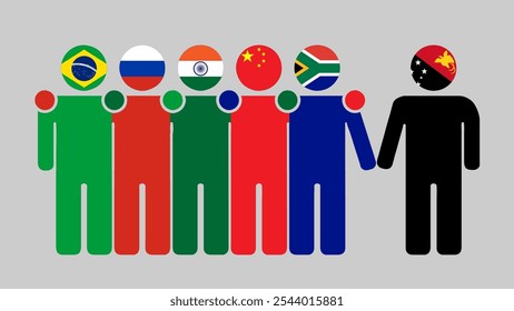 Ilustración de las naciones BRICS y Papúa Nueva Guinea. Diseño plano simple de figuras humanas con cabezas de bandera. De pie juntos. Simbolizando la colaboración internacional.