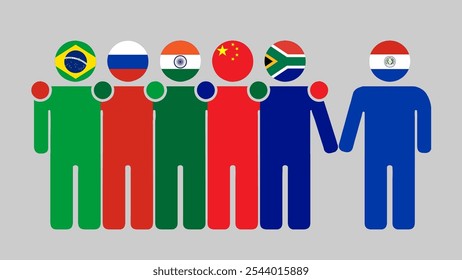 BRICS Nations and Paraguay Partnership Illustration. Simple flat design of human figures with flag heads. Standing together inviting Paraguay. Symbolizing international collaboration.