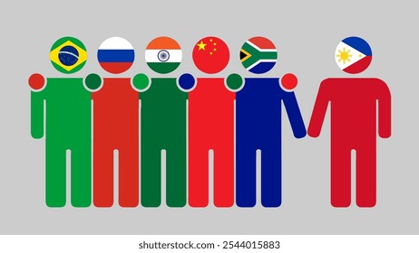 BRICS Nations and Philippines Partnership Illustration. Simple flat design of human figures with flag heads. Standing together inviting Philippines. Symbolizing international collaboration.