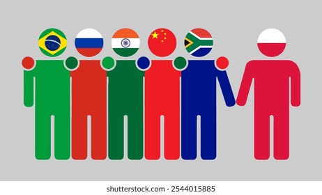 BRICS Nations and Poland Partnership Illustration. Simple flat design of human figures with flag heads. Standing together inviting Poland. Symbolizing international collaboration.