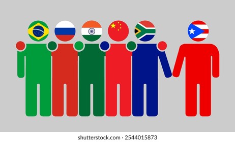 BRICS Nations and Puerto Rico Partnership Illustration. Simple flat design of human figures with flag heads. Standing together inviting Puerto Rico. Symbolizing international collaboration.