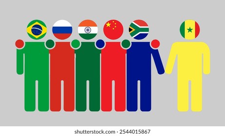 BRICS Nations and Senegal Partnership Illustration. Simple flat design of human figures with flag heads. Standing together inviting Senegal. Symbolizing international collaboration.