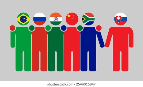 BRICS Nations and Slovakia Partnership Illustration. Simple flat design of human figures with flag heads. Standing together inviting Slovakia. Symbolizing international collaboration.