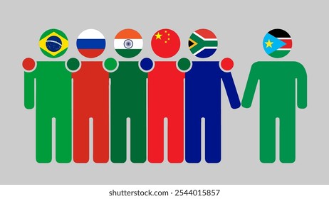 BRICS Nations and South Sudan Partnership Illustration. Simple flat design of human figures with flag heads. Standing together inviting South Sudan. Symbolizing international collaboration.