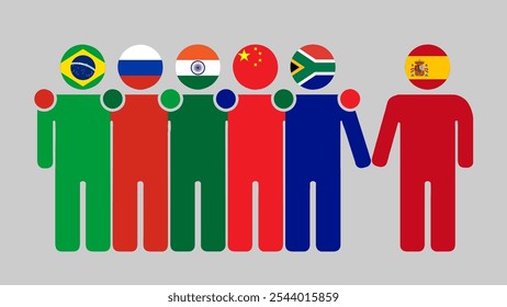 Ilustração da Parceria entre os BRICS e a Espanha. Simples desenho plano de figuras humanas com cabeças de bandeira. Juntos convidando a Espanha. Simbolizando a colaboração internacional.