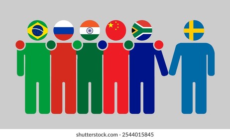 Ilustração da Parceria entre os BRICS e a Suécia. Simples desenho plano de figuras humanas com cabeças de bandeira. Juntos convidando a Suécia. Simbolizando a colaboração internacional.