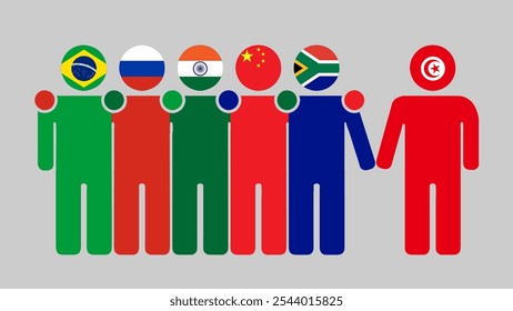 BRICS Nations and Tunisia Partnership Illustration. Simple flat design of human figures with flag heads. Standing together inviting Tunisia. Symbolizing international collaboration.