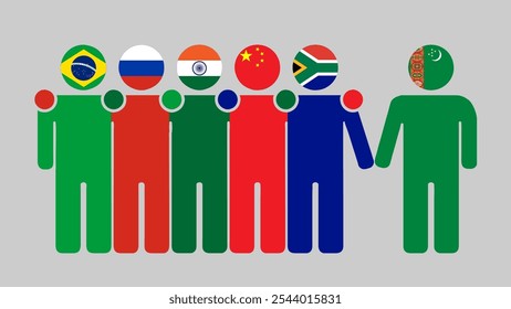 BRICS Nations and Turkmenistan Partnership Illustration. Simple flat design of human figures with flag heads. Standing together inviting Turkmenistan. Symbolizing international collaboration.