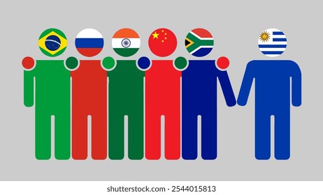 Ilustração da Parceria entre BRICS e Uruguai. Simples desenho plano de figuras humanas com cabeças de bandeira. Juntos convidando o Uruguai. Simbolizando a colaboração internacional.