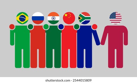 BRICS Nationen und USA Partnership Illustration. Einfaches, flaches Design von menschlichen Figuren mit Fahnenköpfen. Gemeinsam stehen und die USA einladen. Symbolisierung der internationalen Zusammenarbeit.