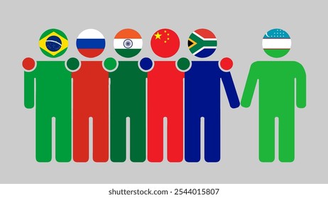 BRICS Nations and Uzbekistan Partnership Illustration. Simple flat design of human figures with flag heads. Standing together inviting Uzbekistan. Symbolizing international collaboration.