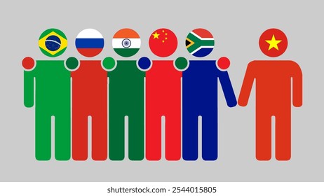 BRICS Nations and Vietnam Partnership Illustration. Simple flat design of human figures with flag heads. Standing together inviting Vietnam. Symbolizing international collaboration.