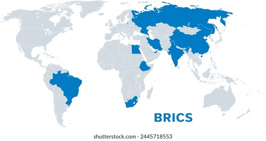 Die BRICS-Staaten mit den neuen Mitgliedsstaaten ab 2024, politische Landkarte. BRICS für Brasilien, Russland, Indien, China und Südafrika. Heute bekannt als BRICS plus mit Schwellenländern wie Ägypten, Äthiopien, Iran und den VAE.