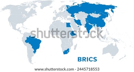 BRICS, with new member states as of 2024, political map. BRICS for Brazil, Russia, India, China and South Africa. Now known as BRICS plus with emerging market countries Egypt, Ethiopia, Iran, and UAE.