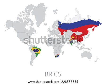 BRICS on world map on white background