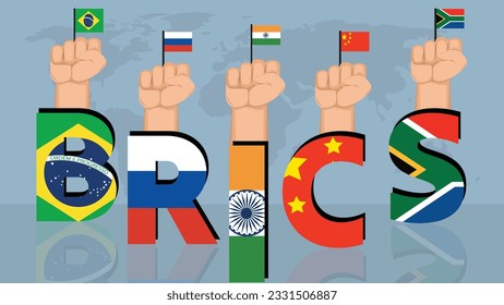 BRICS Summit Concept with Initials of Member Countries with their National Flags Helped in Icons of Hand Fists