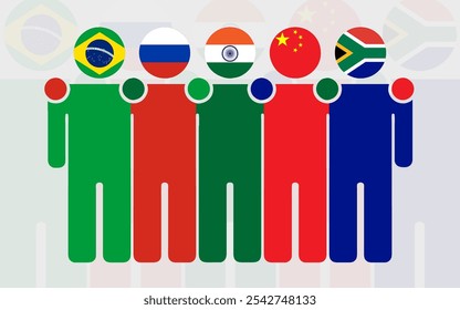 Ilustración plana de unidad BRICS. Figuras humanas planas con cabezas de bandera de Brasil, Rusia, India, China, Sudáfrica, abrazadas en un diseño simple. Ideal para imágenes sobre cooperación y alianzas internacionales.