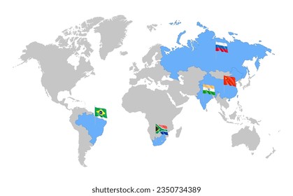 BRICS world map of five countries association members. Union of 5 states of Brazil, Russia, India, China, South Africa interstate map with highlighted member countries vector illustration