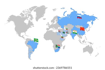 BRICS-Weltkarte von fünf Ländern Assoziation-Mitglieder und sechs neuen Mitgliedern 2024. Union Brasiliens, Russlands, Indiens, Chinas, Südafrikas zwischenstaatliche Karte mit hervorgehobenen Mitgliedsländern Vektorgrafik