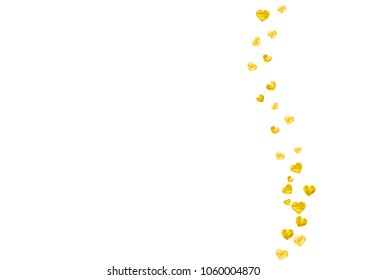 Bridal background with gold glitter hearts. Valentines day. Vector confetti. Hand drawn texture. Love theme for party invite, retail offer and ad. Bridal background template with heart.