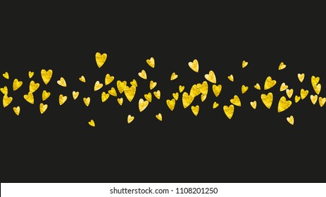 Bridal background with gold glitter hearts. Valentines day. Vector confetti. Hand drawn texture. Love theme for flyer, special business offer, promo. Bridal background template with heart.