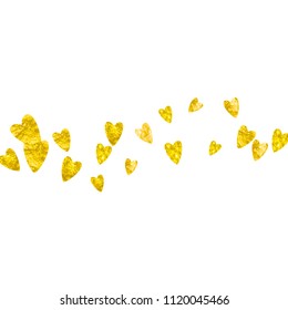 Bridal background with gold glitter hearts. Valentines day. Vector confetti. Hand drawn texture. Love theme for flyer, special business offer, promo. Bridal background template with heart.