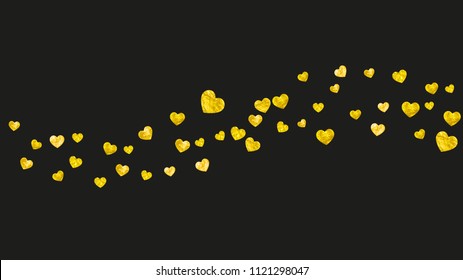 Bridal background with gold glitter hearts. Valentines day. Vector confetti. Hand drawn texture. Love theme for flyer, special business offer, promo. Bridal background template with heart.