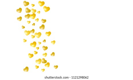 Bridal background with gold glitter hearts. Valentines day. Vector confetti. Hand drawn texture. Love theme for gift coupons, vouchers, ads, events. Bridal background template with heart.