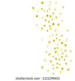 Bridal background with gold glitter hearts. Valentines day. Vector confetti. Hand drawn texture. Love theme for party invite, retail offer and ad. Bridal background template with heart.