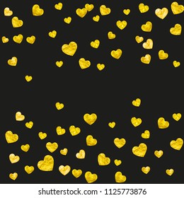 Bridal background with gold glitter hearts. Valentines day. Vector confetti. Hand drawn texture. Love theme for poster, gift certificate, banner. Bridal background template with heart.