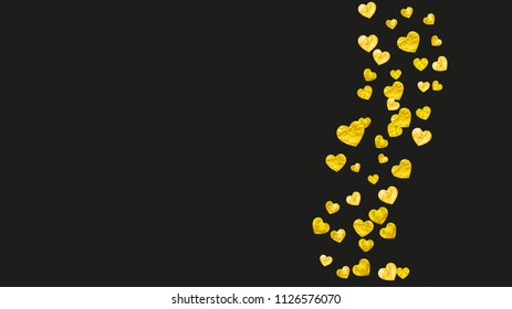 Bridal background with gold glitter hearts. Valentines day. Vector confetti. Hand drawn texture. Love theme for poster, gift certificate, banner. Bridal background template with heart.