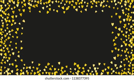 Bridal background with gold glitter hearts. Valentines day. Vector confetti. Hand drawn texture. Love theme for voucher, special business banner. Bridal background template with heart.