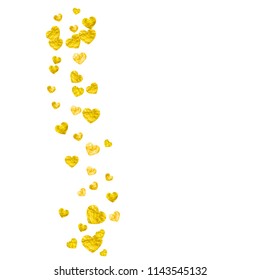 Bridal background with gold glitter hearts. Valentines day. Vector confetti. Hand drawn texture. Love theme for party invite, retail offer and ad. Bridal background template with heart.