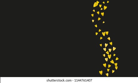 Bridal background with gold glitter hearts. Valentines day. Vector confetti. Hand drawn texture. Love theme for party invite, retail offer and ad. Bridal background template with heart.
