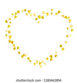 Bridal background with gold glitter hearts. Valentines day. Vector confetti. Hand drawn texture. Love theme for poster, gift certificate, banner. Bridal background template with heart.