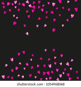 Bridal background with pink glitter hearts. Valentines day. Vector confetti. Hand drawn texture. Love theme for party invite, retail offer and ad. Bridal background template with heart.