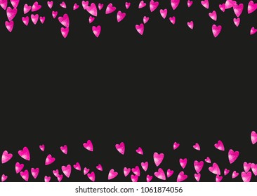 Bridal background with pink glitter hearts. Valentines day. Vector confetti. Hand drawn texture. Love theme for gift coupons, vouchers, ads, events. Bridal background template with heart.