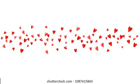 Bridal background with pink glitter hearts. Valentines day. Vector confetti. Hand drawn texture. Love theme for poster, gift certificate, banner. Bridal background template with heart.