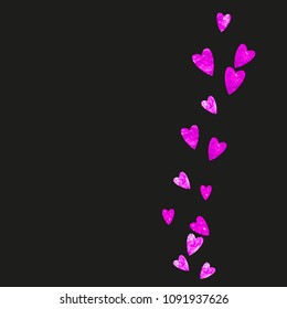 Bridal background with pink glitter hearts. Valentines day. Vector confetti. Hand drawn texture. Love theme for voucher, special business banner. Bridal background template with heart.