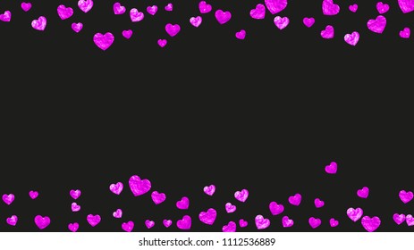 Bridal background with pink glitter hearts. Valentines day. Vector confetti. Hand drawn texture. Love theme for voucher, special business banner. Bridal background template with heart.