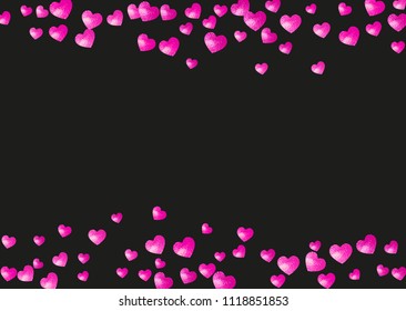 Bridal background with pink glitter hearts. Valentines day. Vector confetti. Hand drawn texture. Love theme for poster, gift certificate, banner. Bridal background template with heart.